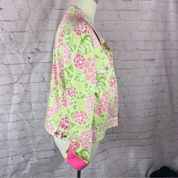 telluride clothing co. bright Floral Pink Green denim jean Jacket boho sz M - Picture 2 of 7